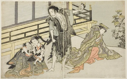 The Actors Nakamura Noshio I as Nyosan no Miya (right), Ichikawa Danjuro V as the Renegade Monk Yochin (center), and Yamashita Kinsaku II as the Maid Mutsuhana (left), in the Play Fuki Kaete Tsuki mo Yoshiwara, Performed at the Morita Theater in the Eleventh Month, 1771 by Katsukawa Shunsho (勝川 春章), print, 1767-1777