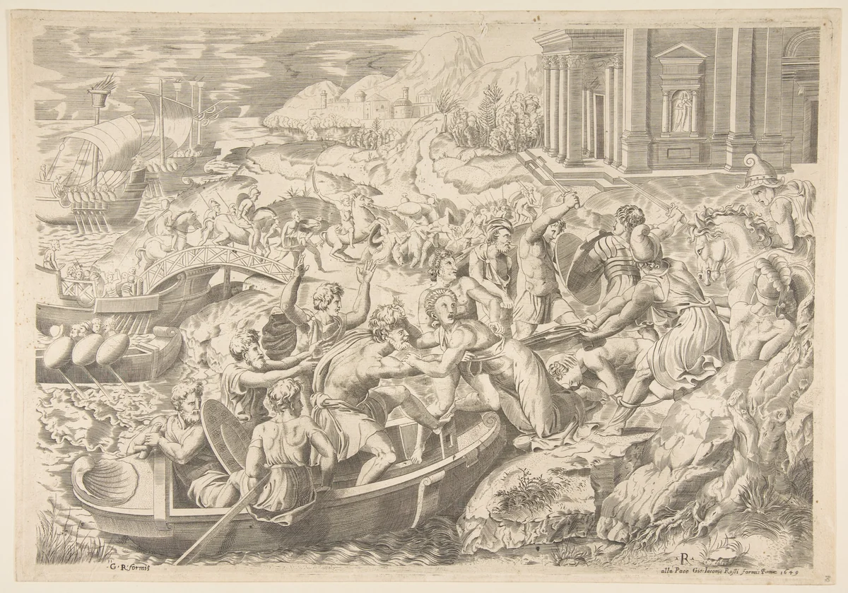 The Abduction of Helen; battle scene on shore with two men pulling Helen into a boat at center by Marco Dente, print, 1510-1520