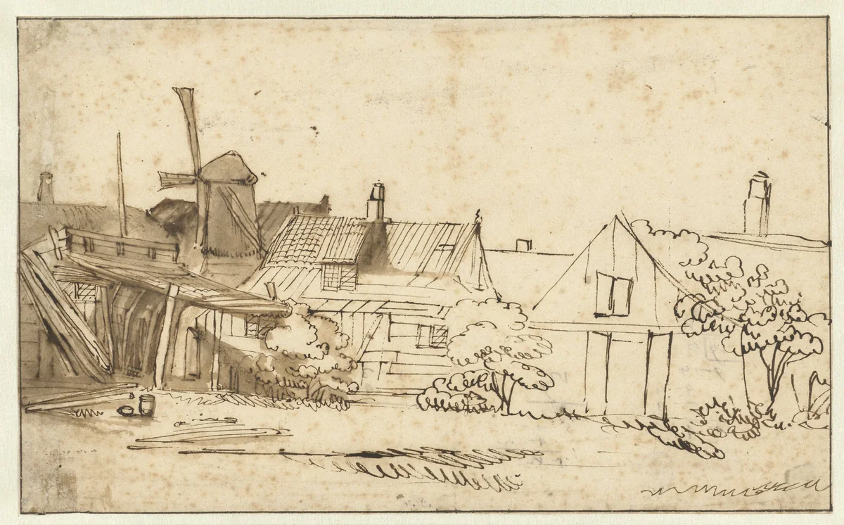Gezicht op een boerenwoning met een molen by Anthonie van Borssom, drawing, 1640-1677