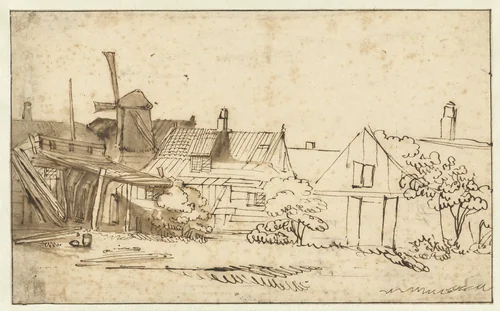 Gezicht op een boerenwoning met een molen by Anthonie van Borssom, drawing, 1640-1677