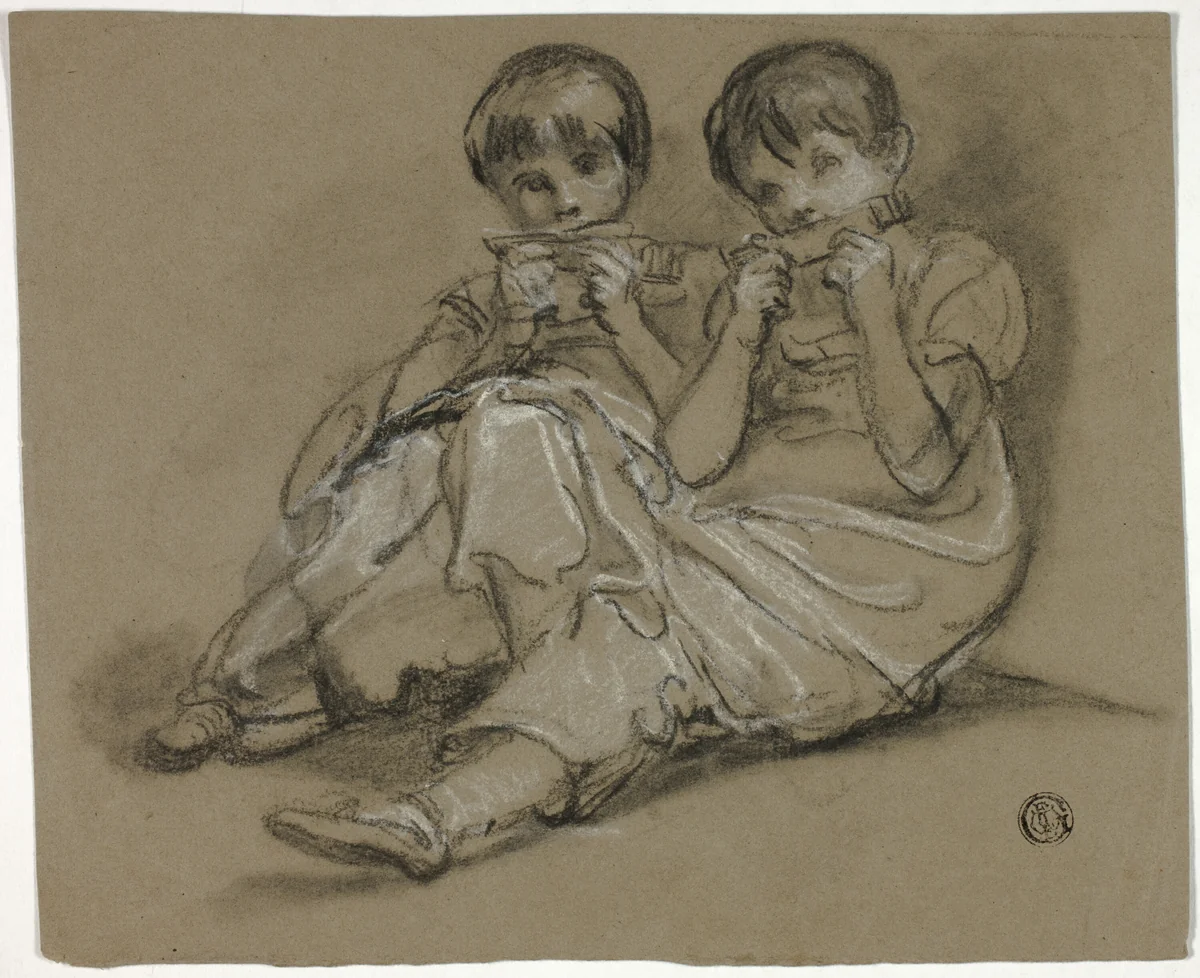 Two Girls Playing on Combs (recto); Sketch of Seated Woman with Fragment of Another Figure (verso) by Thomas Barker or Thomas Jones Barker, drawing, 1785-1795