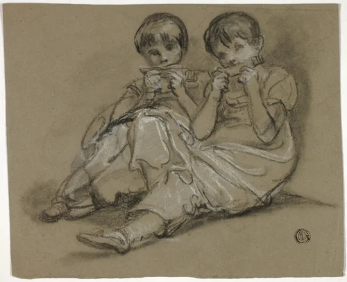 Two Girls Playing on Combs (recto); Sketch of Seated Woman with Fragment of Another Figure (verso) by Thomas Barker or Thomas Jones Barker, drawing, 1785-1795