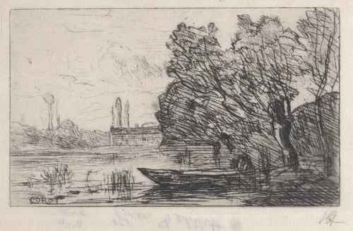 Ville d'Avray: Boat Under the Willows (Morning Effect) by Camille Corot, print, 1857