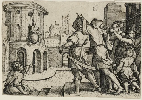 Virgil Suspended in a Basket, copy by Georg Pencz, print, 1541-1600