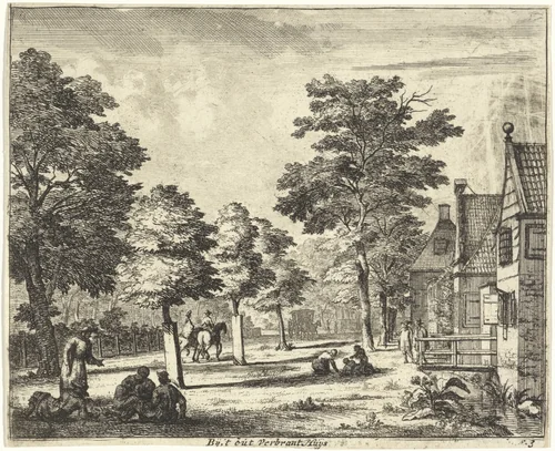Zittende figuren langs een bomenrij en huizen by Jan Vincentsz. van der Vinne, print, 1688-1690