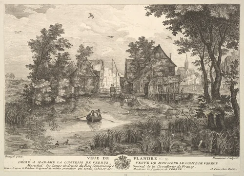 View of Flanders (Veue de Flandre) after the painting in the collection of Madame la Comtesse de Verrue by Pierre François Beaumont, print, 1719-1780