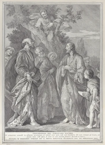 Conversion of Zacchaeus, with Christ at right addressing the tax collector, who is seated in a tree at top center by Pietro Monaco, print, 1730-1739