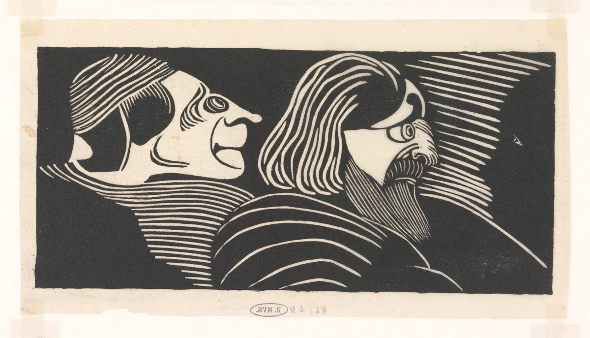 Fantasie: twee mannenkoppen in profiel naar links, links een profiel in tegengestelde richting by Samuel Jessurun de Mesquita, print, 1918