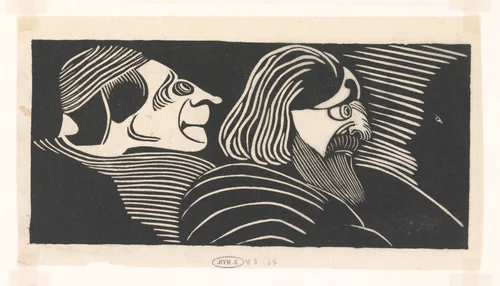 Fantasie: twee mannenkoppen in profiel naar links, links een profiel in tegengestelde richting by Samuel Jessurun de Mesquita, print, 1918