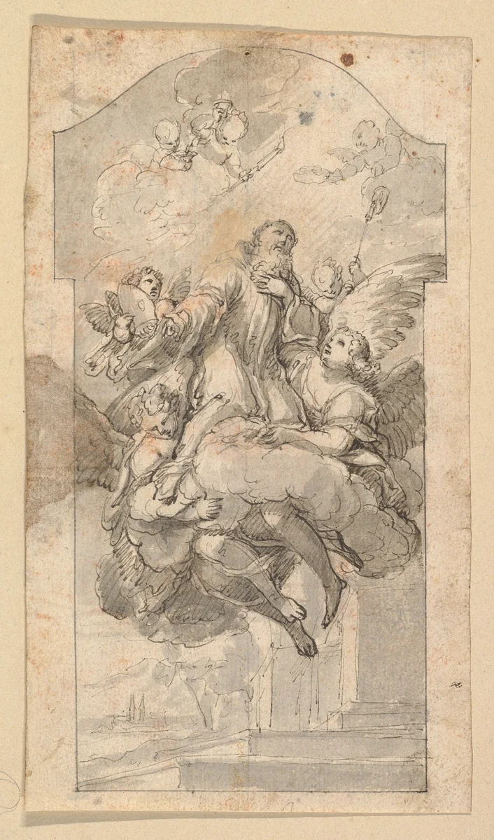 The Ascension of Saint Benedict; verso: Ornamental sketches by Hans Georg Asam, drawing, 1669-1711