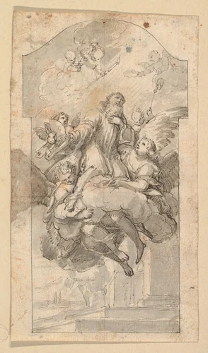 The Ascension of Saint Benedict; verso: Ornamental sketches by Hans Georg Asam, drawing, 1669-1711
