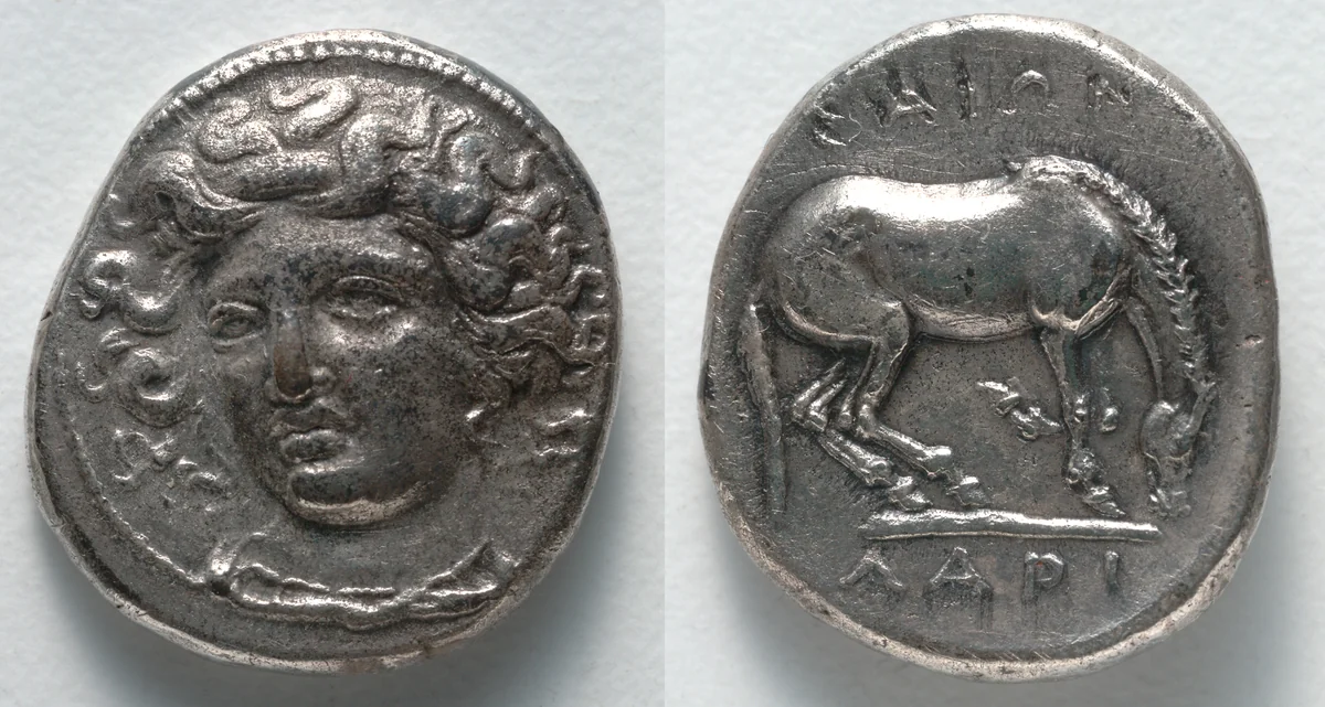 Drachm: Head of Larissa (Nymph) (obverse); Horse (reverse) by Unknown, metalwork, -380--315
