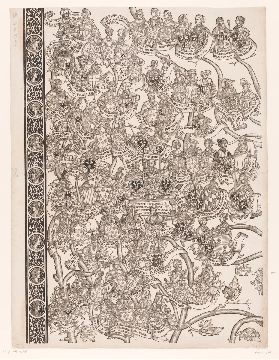 Stamboom van Frederik en Ottheinrich van Palts-Neuburg (plaat 16) by Unknown, print, 1535-1594