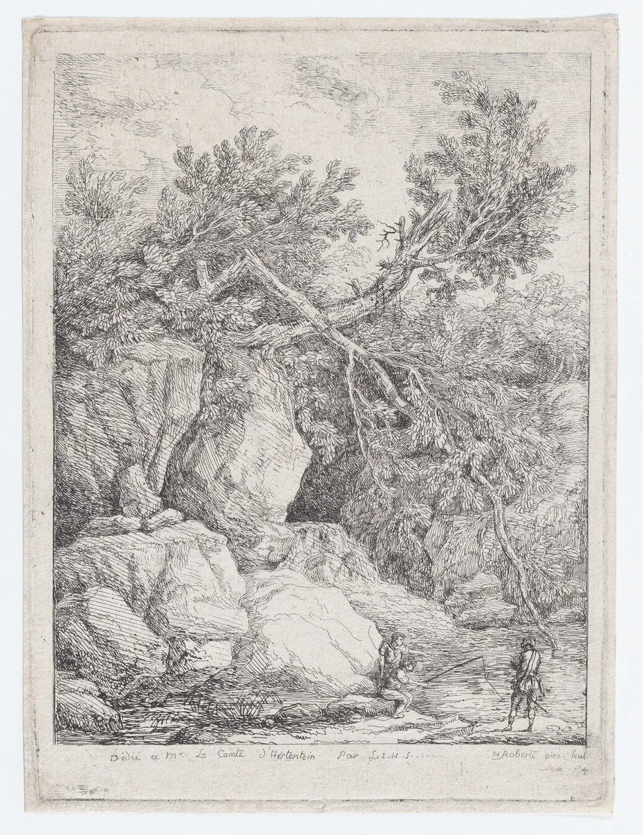 Landscape with a Fallen Tree by Hubert Robert, print, 1764