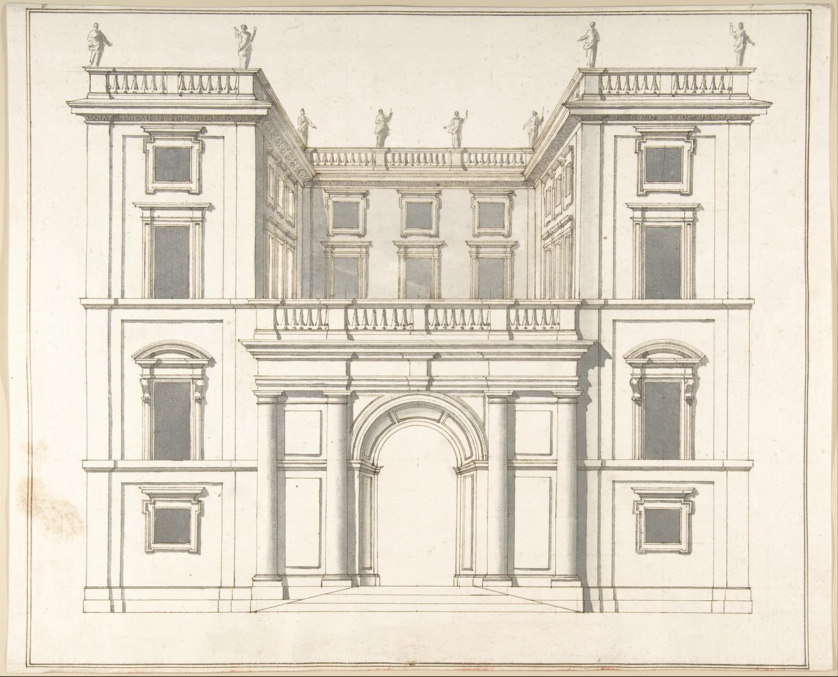 Façade of Palazzo Muti at Piazza SS. Apostoli in Rome by Pietro Paolo Coccetti, drawing, 1710-1727