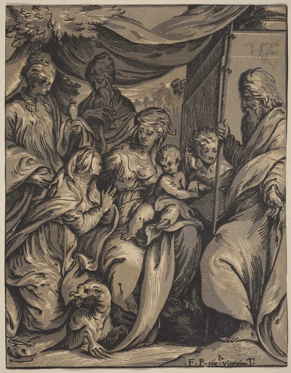 The Virgin and Child with Saints by Giuseppe Nicolo Vicentino, Camillo Boccaccino, print, 1470-1560