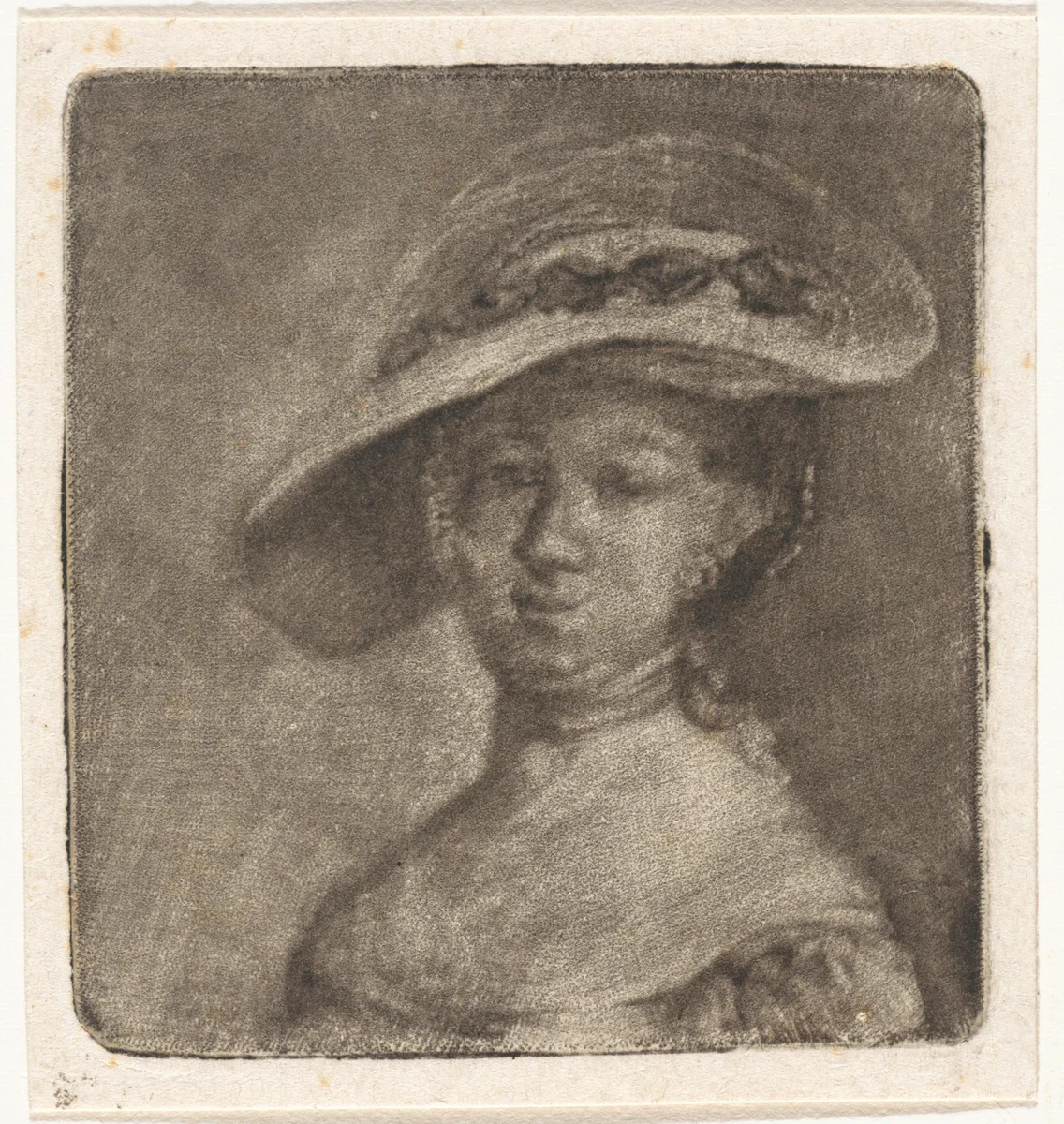 Buste van een vrouw met brede hoed by Aert Schouman, print, 1720-1792