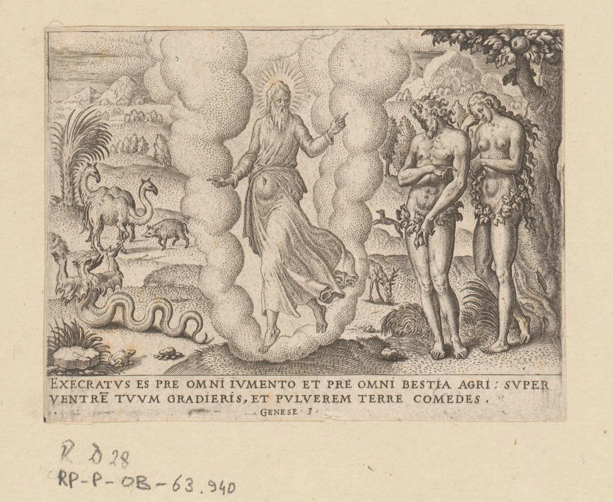 God verwijt Adam en Eva hun zonde en vervloekt de slang by anonymous, print, 1569