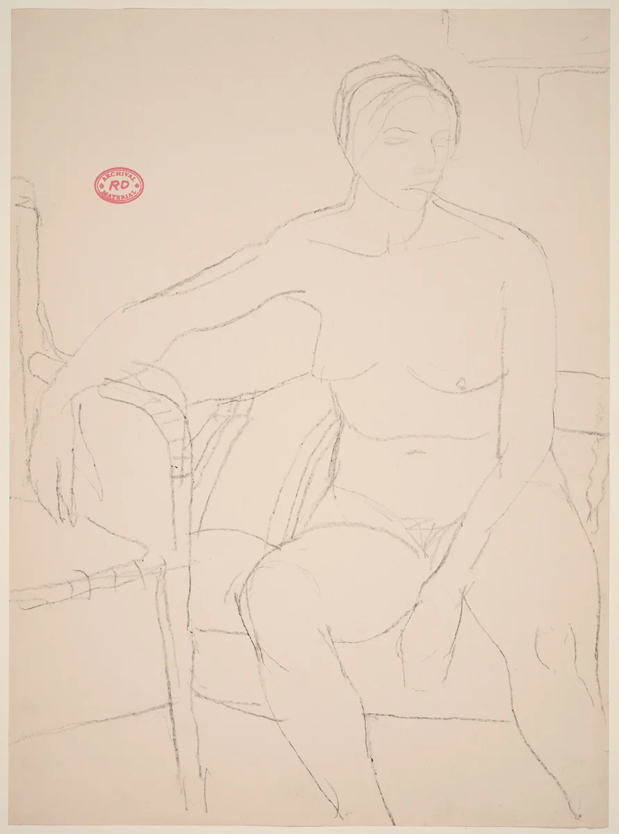 Untitled [seated nude resting her right arm on an adjacent chair] by Richard Diebenkorn, drawing, 1955-1967