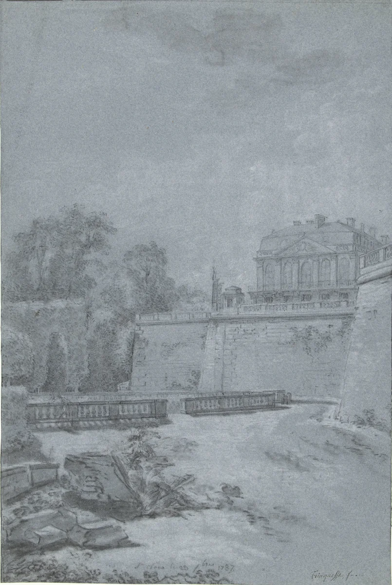 Gezicht op het park en een vleugel van kasteel Saint-Cloud by Louis Rolland Trinquesse, drawing, 1787