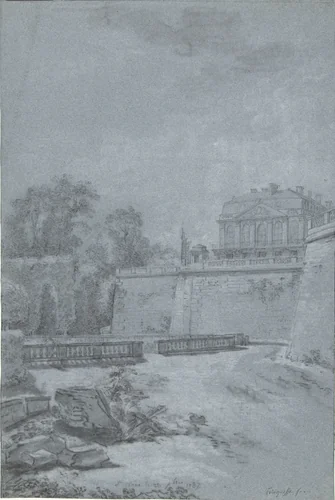 Gezicht op het park en een vleugel van kasteel Saint-Cloud by Louis Rolland Trinquesse, drawing, 1787