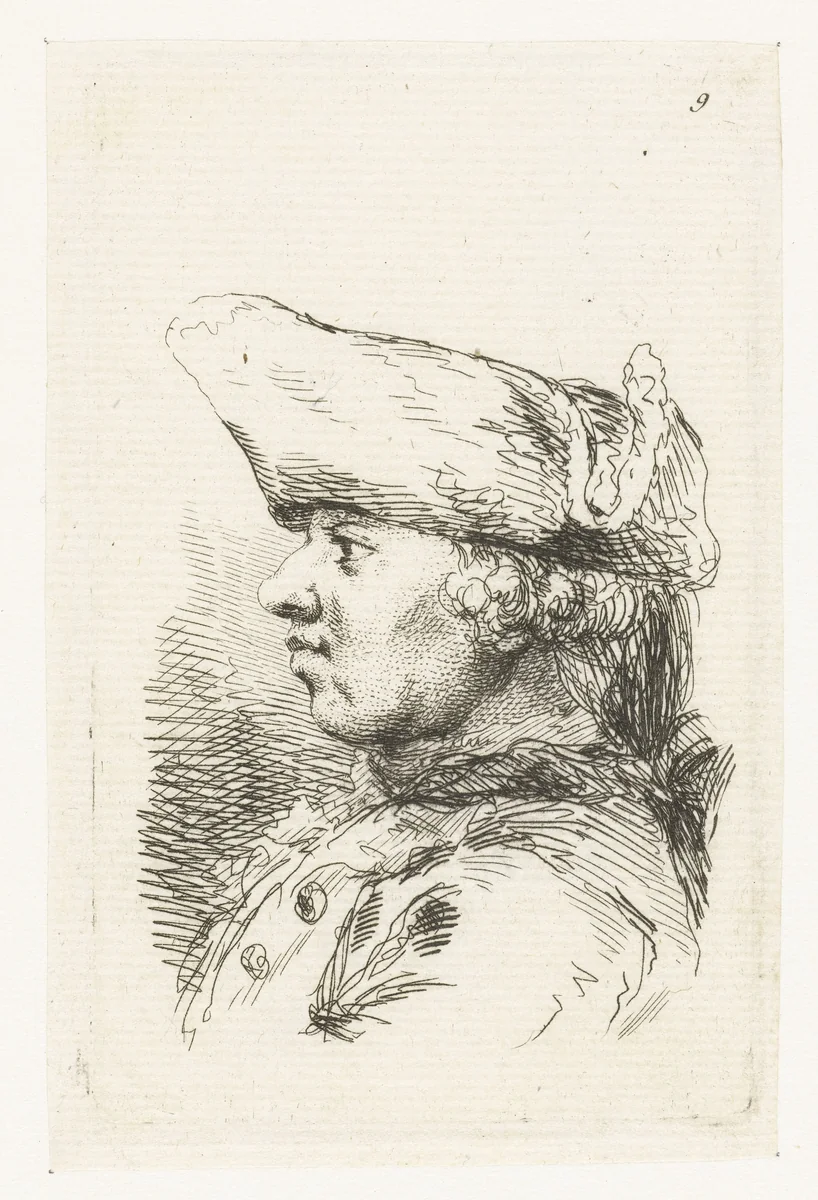 Hoofd van man met tricorne by François Boucher, print, 1727-1755