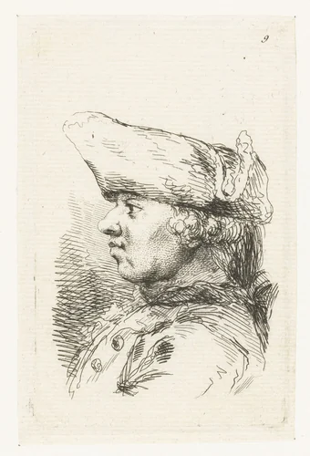 Hoofd van man met tricorne by François Boucher, print, 1727-1755