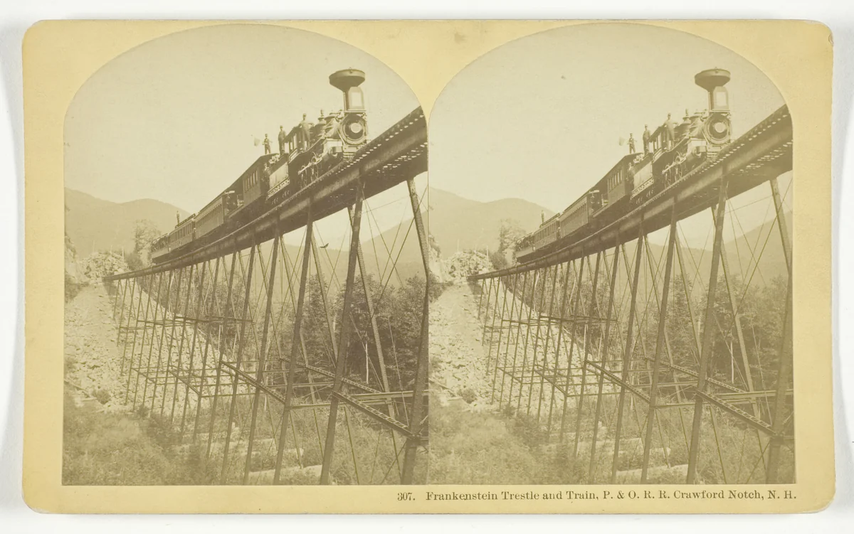 Frankenstein Trestle and Train, P. & O. R.R. Crawford Notch, N.H. by B. W. Kilburn, photograph, 1875-1899