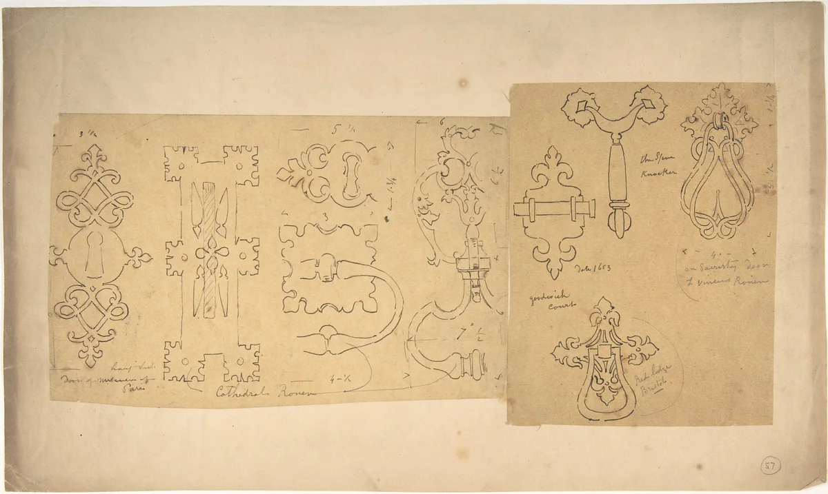 Door Knockers and Mounts from Rouen Cathedral, Goodwich Court, etc. (recto and verso) by John Gregory Crace, drawing, 1825-1900