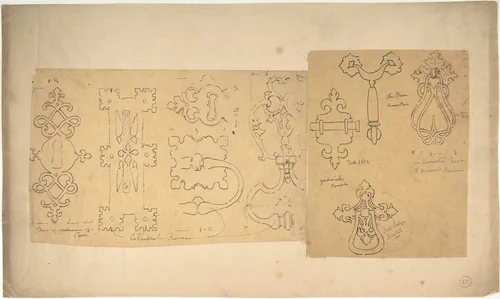 Door Knockers and Mounts from Rouen Cathedral, Goodwich Court, etc. (recto and verso) by John Gregory Crace, drawing, 1825-1900