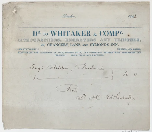 Trade Card for Dr. Whitaker & Co., Lithogravers, Engravers and Printers by anonymous, print, 1800-1900
