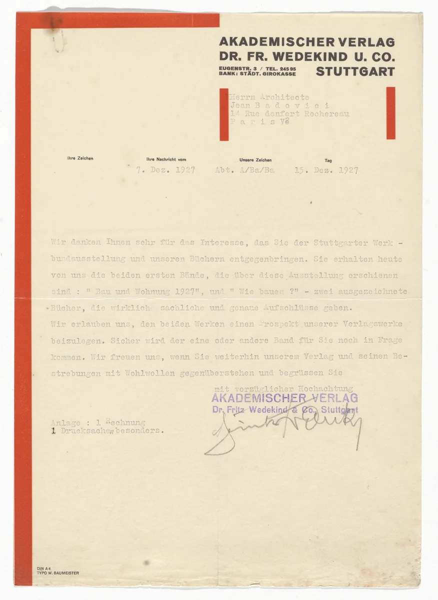Akademischer Verlag Dr. Fr. Wedeking U. Co. letterhead (Letter to Jean Badovici) by Willi Baumeister, design, 1927