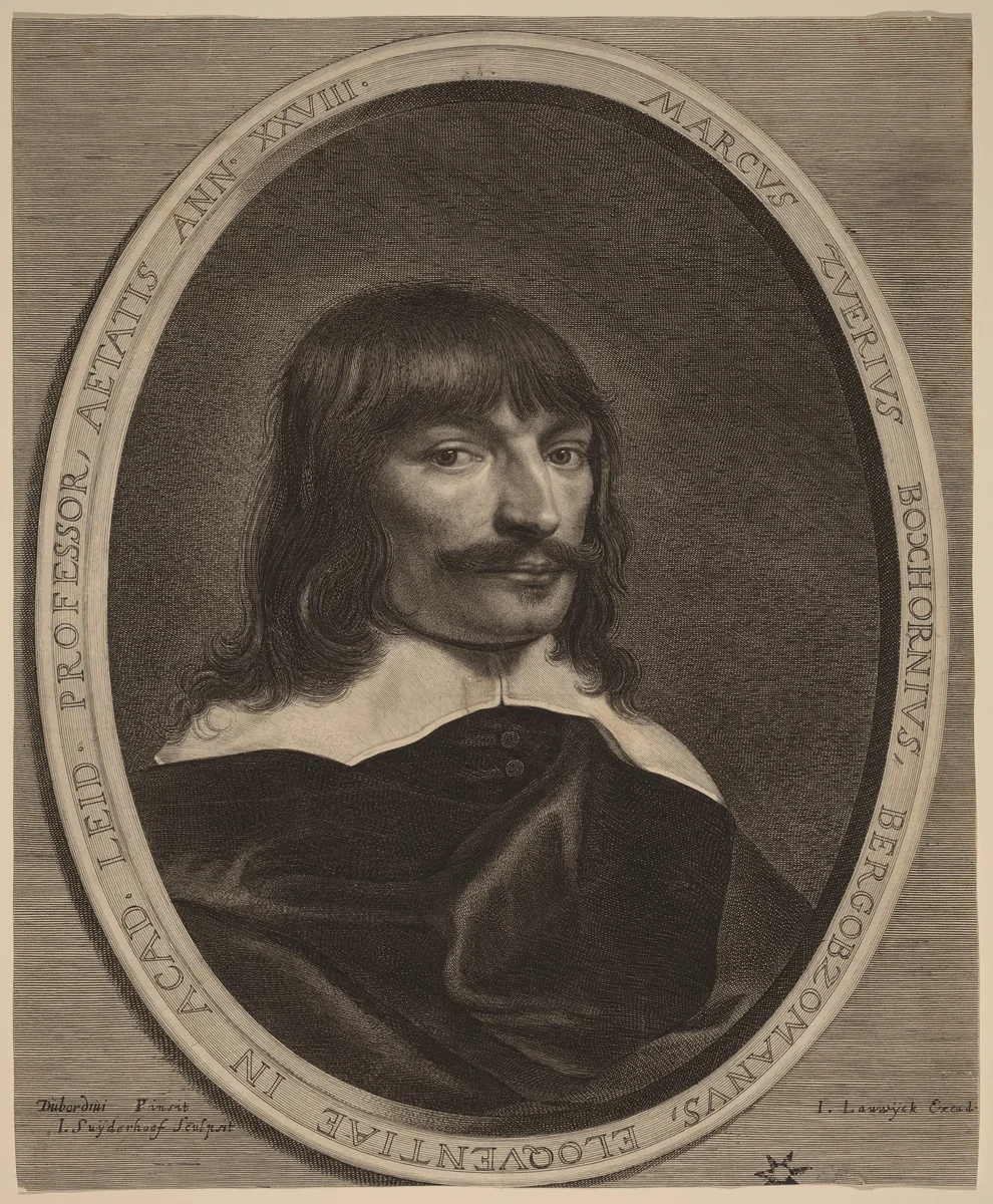 Marcus-Zuerius Boxhorn by Jonas Suyderhoff; Pieter Dubordieu; Jacob Lauwyck, print, 1613-1686