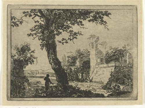 Landschap met een ruïne by Gerardus Emaus de Micault, print, 1813-1863