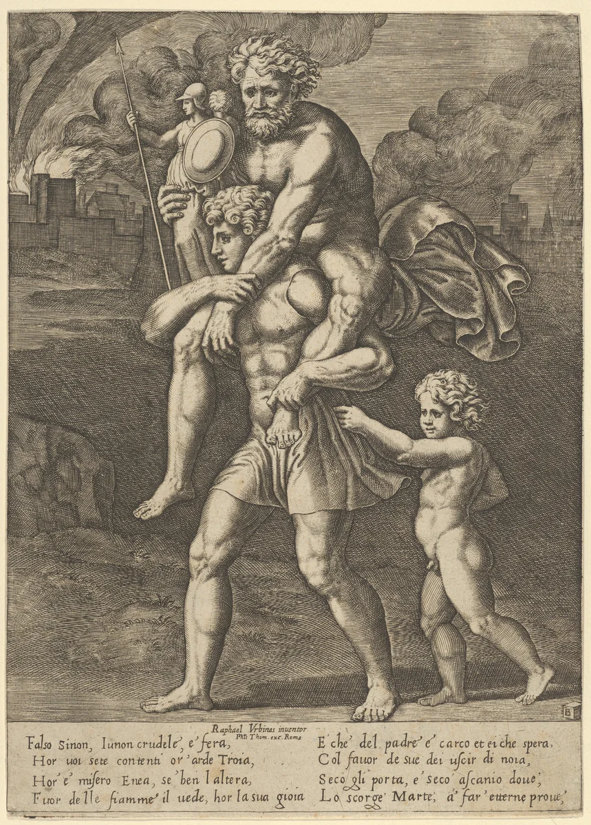 Aeneas carrying Anchises on his shoulders while Troy burns in the background by Master of the Die, print, 1530-1560