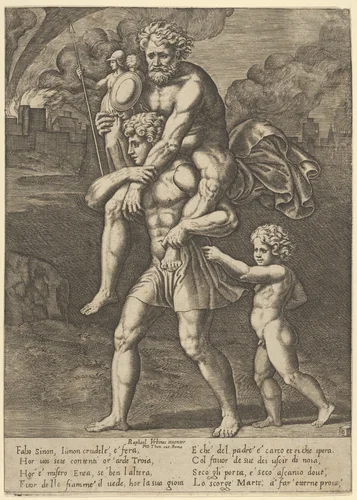 Aeneas carrying Anchises on his shoulders while Troy burns in the background by Master of the Die, print, 1530-1560