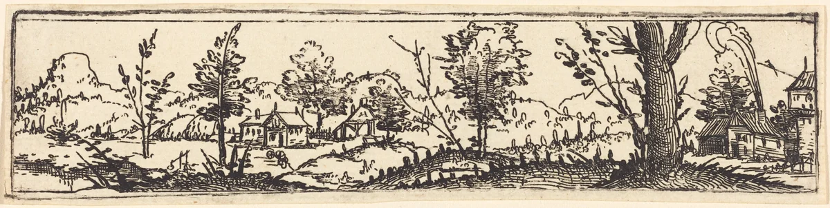 Landscape with Six Single Trees and Three Small Farm-Houses by Augustin Hirschvogel, print, 1503-1553