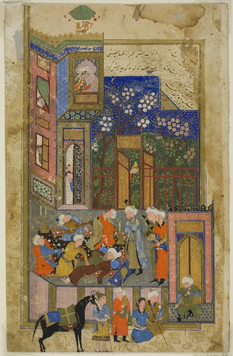 Judge (Qazi) of Hamadan in a Drunken State, a scene from the Gulistan of Sa'di by Uzbekistan Bukhara, painting, 1550