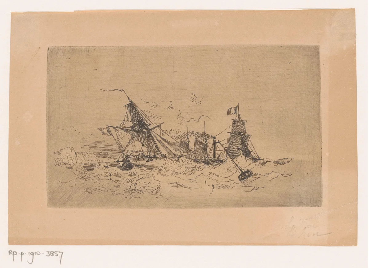 Stoomschip en zeilschepen op onrustige zee by Henri Le Hon, print, 1819-1872