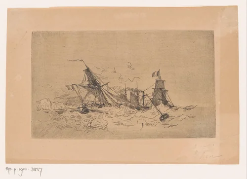 Stoomschip en zeilschepen op onrustige zee by Henri Le Hon, print, 1819-1872