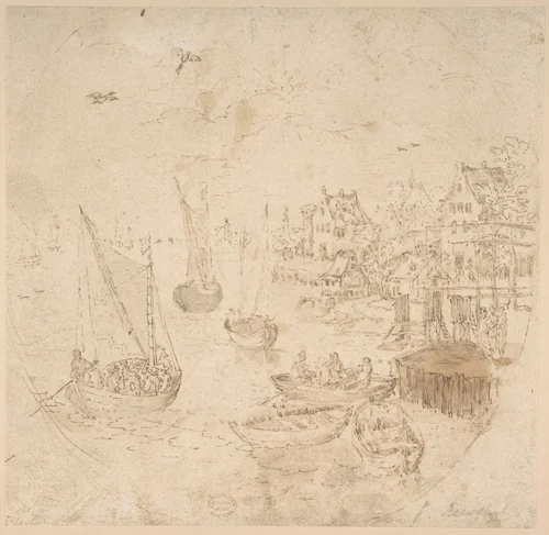 Boats and Houses by Jan Brueghel, drawing, 1500-1600