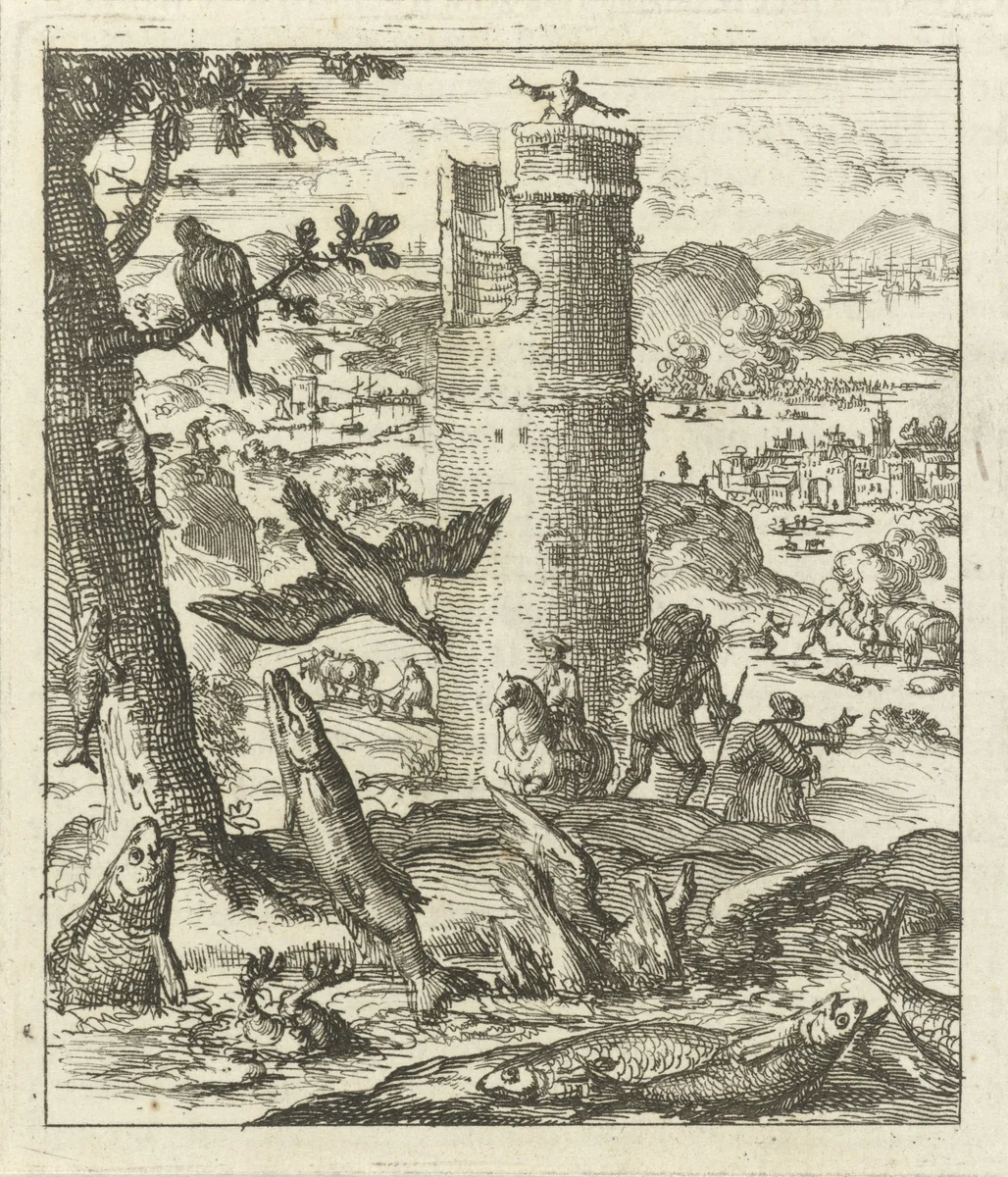 Vissen happen op het droge naar lucht, op de achtergrond een man op een hoge toren by Jan Luyken, print, 1689