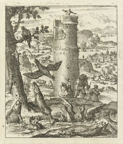 Vissen happen op het droge naar lucht, op de achtergrond een man op een hoge toren by Jan Luyken, print, 1689