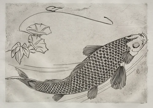 Dinner Service (Rousseau service): Large fish in a Japanese style (no. 19) by Félix Bracquemond, print, 1866