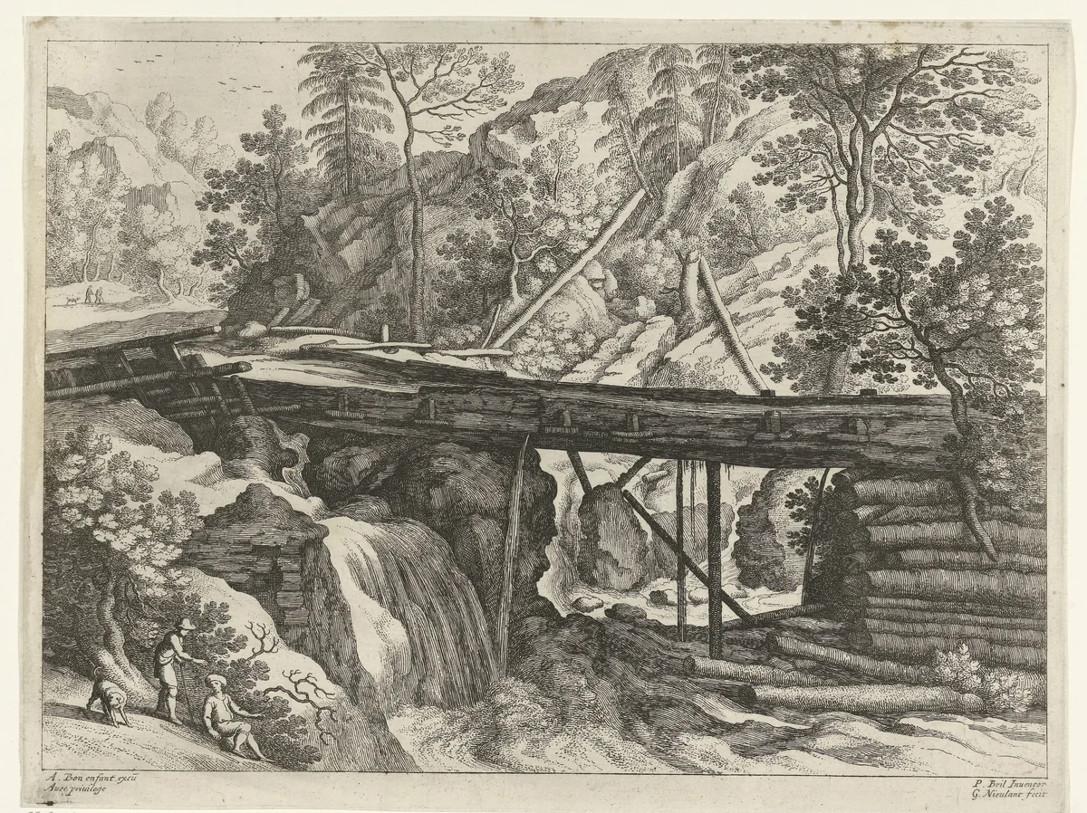 Berglandschap met houten aquaduct by Unknown, print, 1594-1635