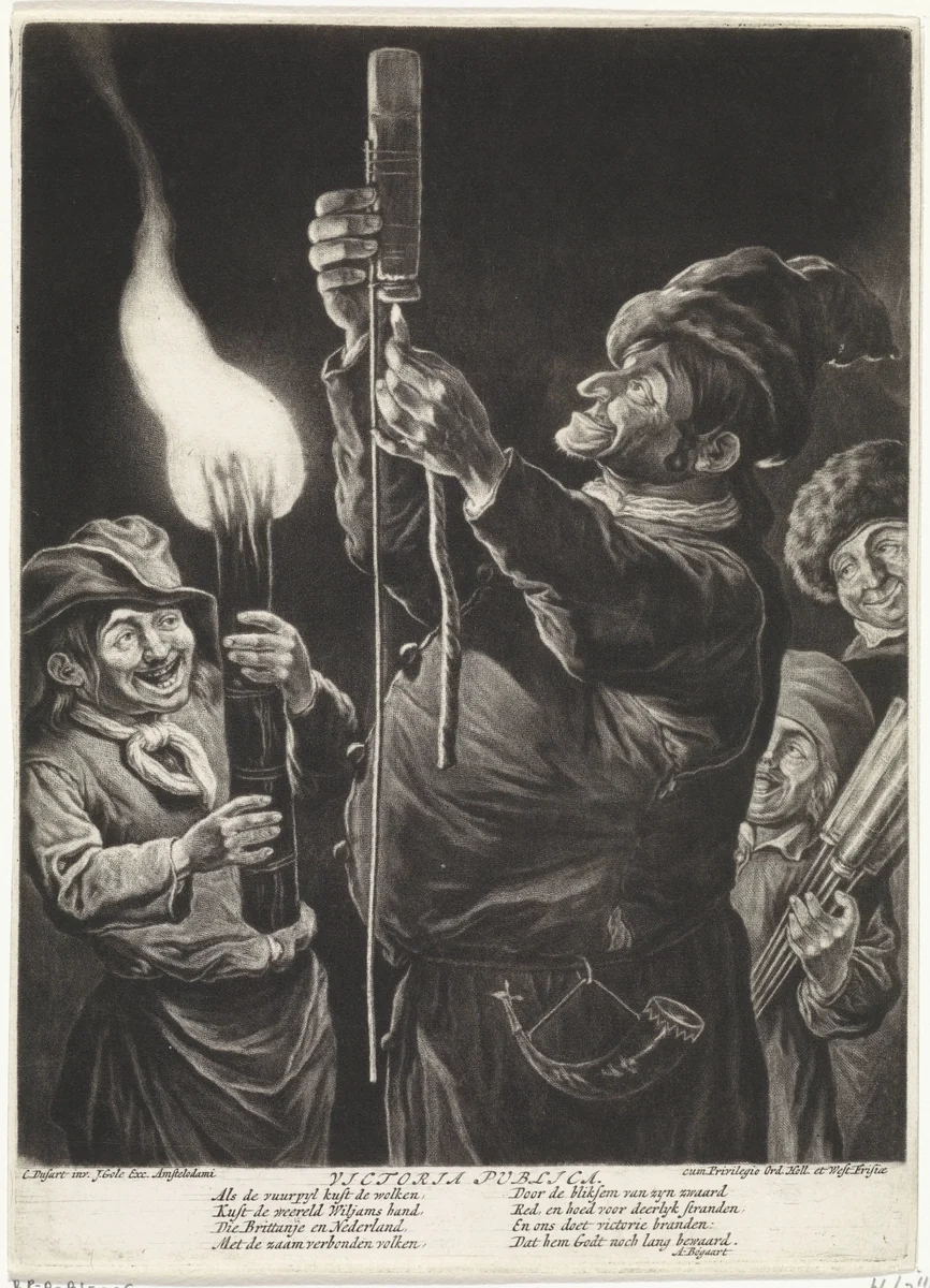 De man met een vuurpijl, met toeschouwers, 1695 by Jacob Gole, print, 1695-1724