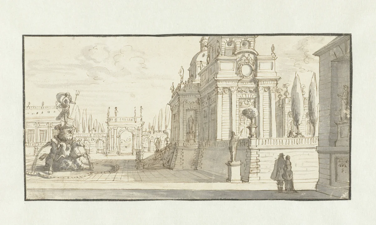 Plein voor een renaissancepaleis by Daniël de Blieck, drawing, 1662