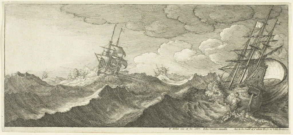 Warship in the Trough of a Wave by Wenceslaus Hollar, print, 1665