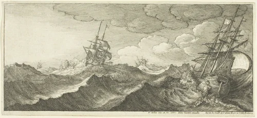 Warship in the Trough of a Wave by Wenceslaus Hollar, print, 1665