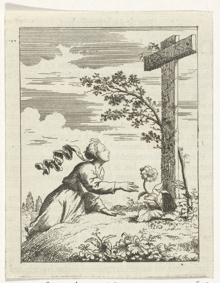 Gepersonifieerde ziel voor een kruis op een heuvel by Jan Luyken, print, 1678-1687